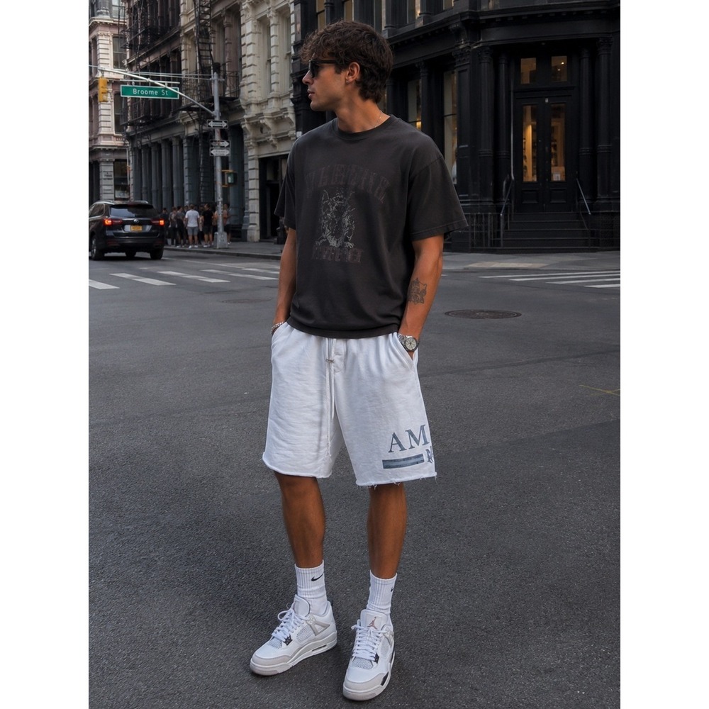 Amiri Sweat Shorts Mens M/L White Blue Logo Graphic Raw Hem Zipper Pockets USA